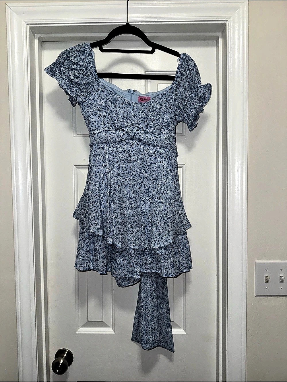 Francesca’s Floral Ruffle Mini Romper in Blue & White Like New